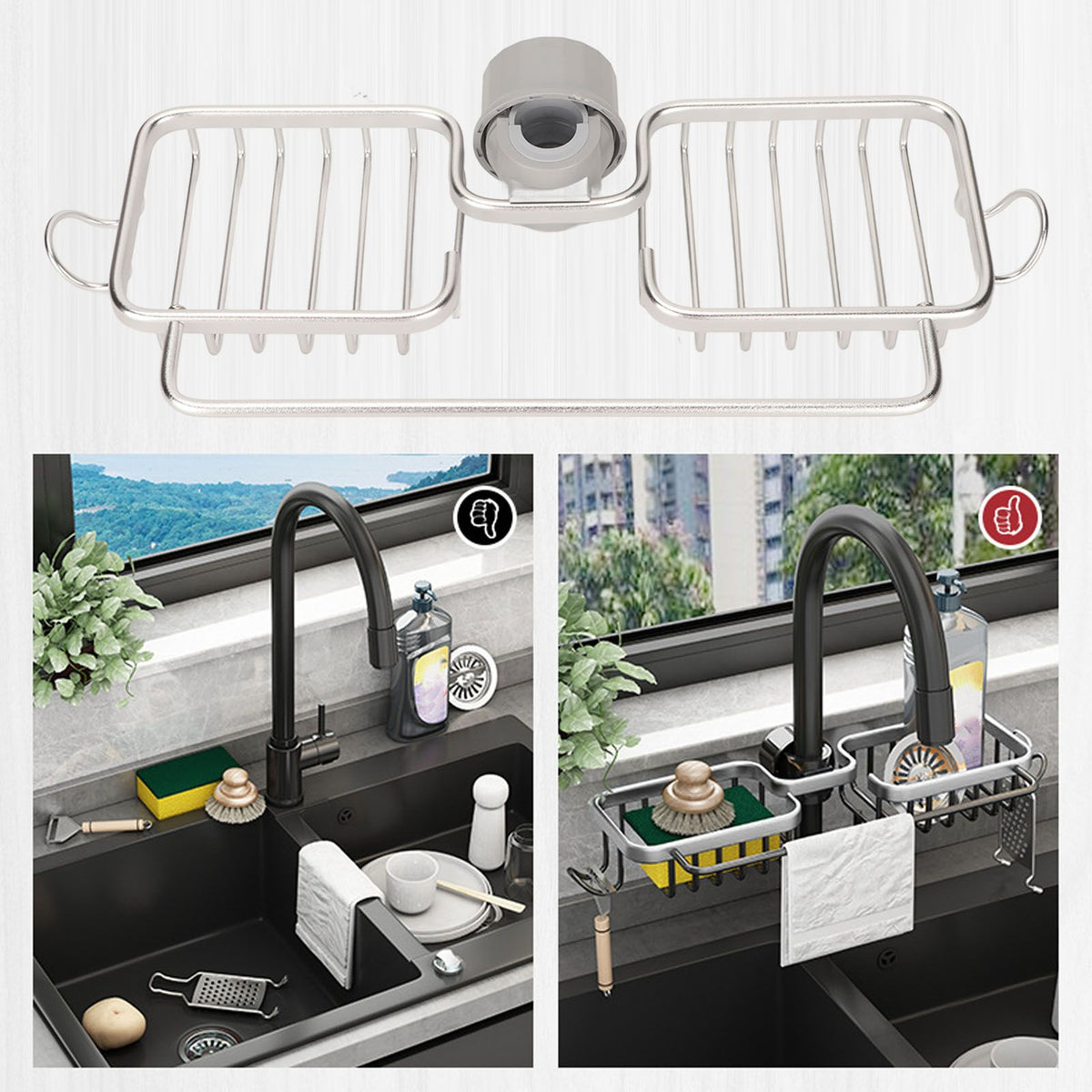 Faucet Storage Shelf Aluminum Plastic Two Containers with Towel Rod for Sponge Rag Kitchen Bathroom Silver