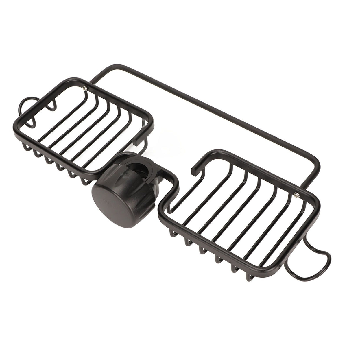 Faucet Storage Shelf Aluminum Plastic Two Containers with Towel Rod for Sponge Rag Kitchen Bathroom Black