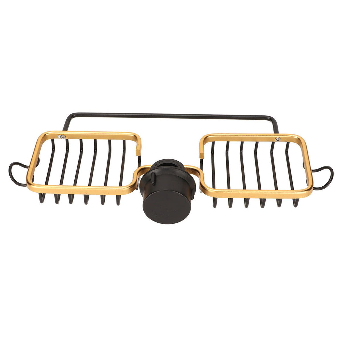 Faucet Storage Shelf Aluminum Plastic Two Containers with Towel Rod for Sponge Rag Kitchen Bathroom Black Gold