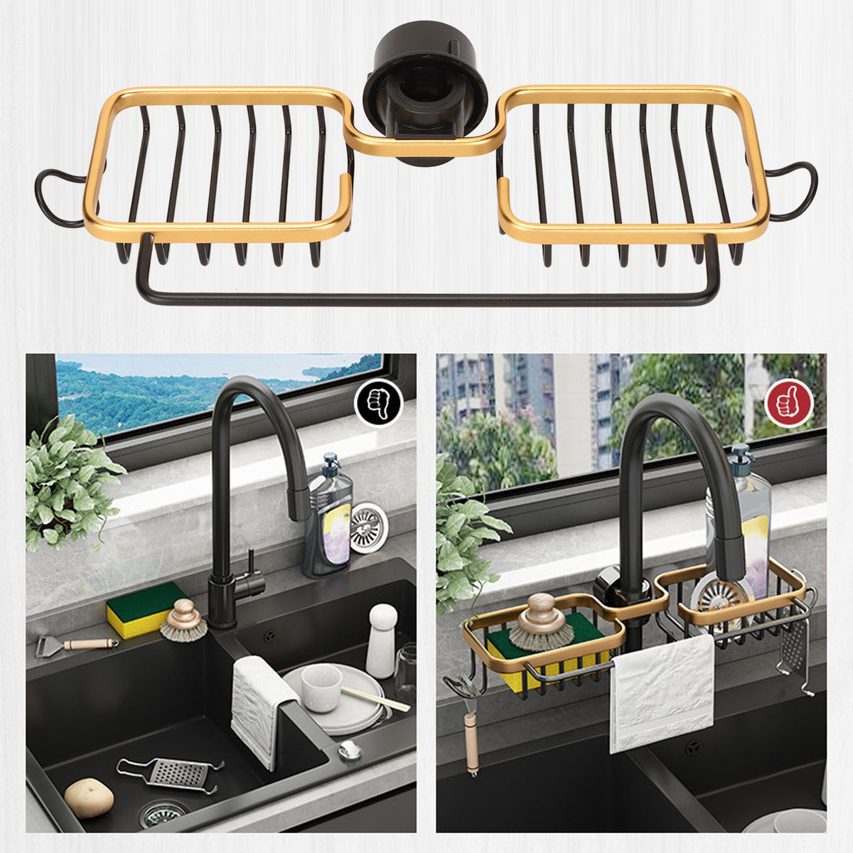 Faucet Storage Shelf Aluminum Plastic Two Containers with Towel Rod for Sponge Rag Kitchen Bathroom Black Gold