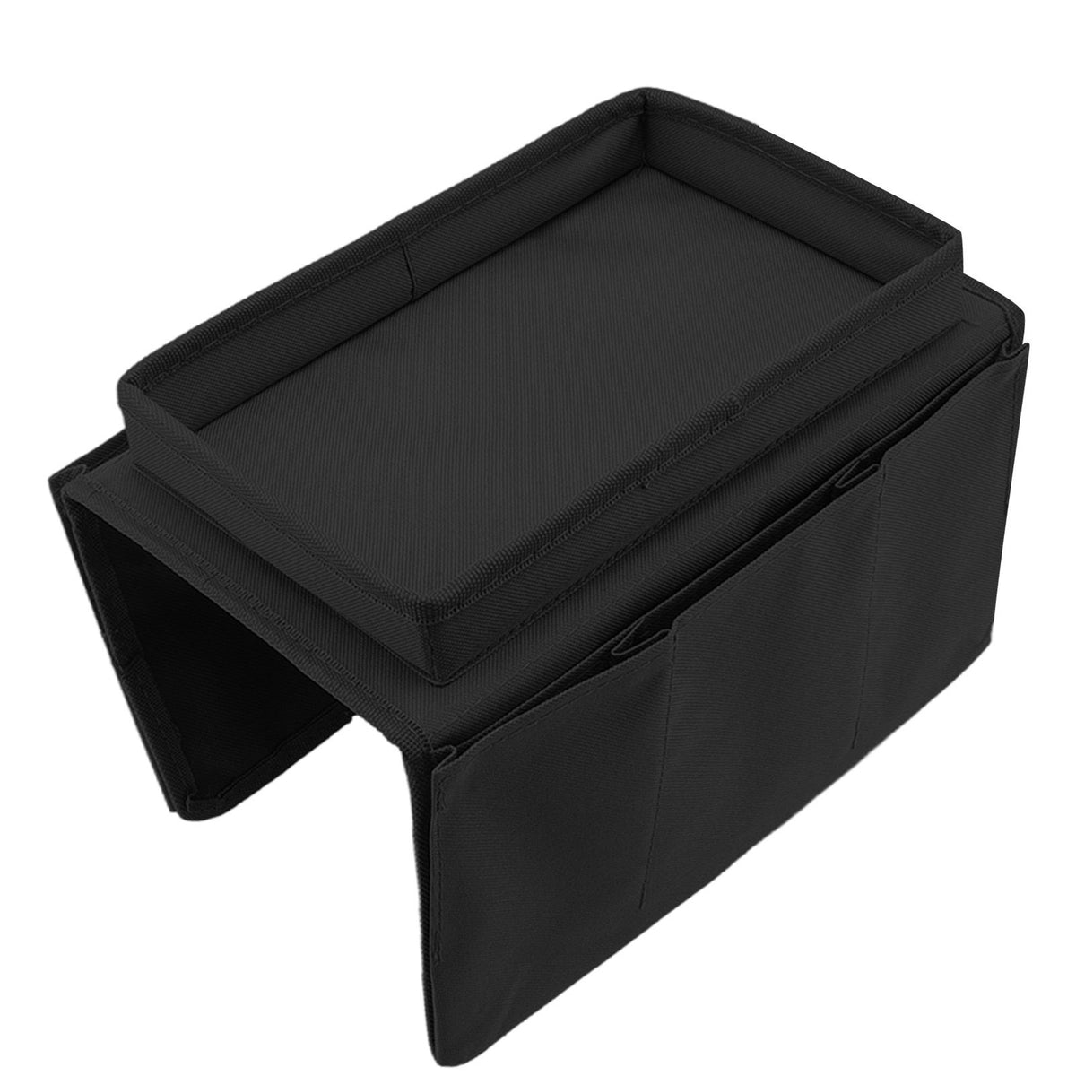 Sofa Tray Folding Arm Storage Holder Table 600D Oxford Cloth Side Pockets for Couch Black
