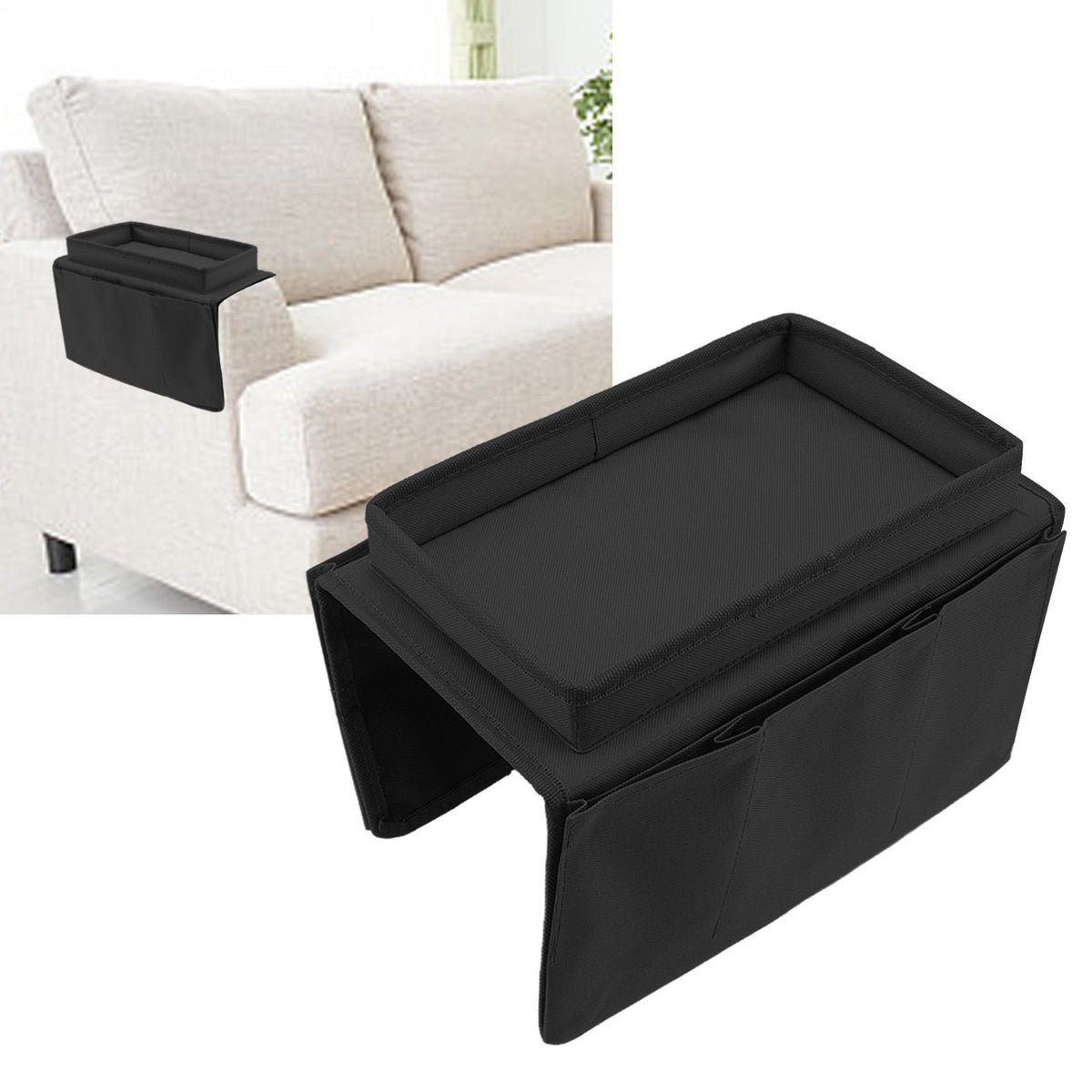 Sofa Tray Folding Arm Storage Holder Table 600D Oxford Cloth Side Pockets for Couch Black